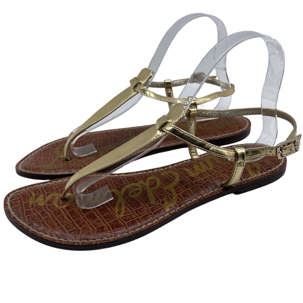 Sam Edelman Womens Shoes Gigi Sandals Sz 8.5 Gold Vegan Leather Flat Thong Chic